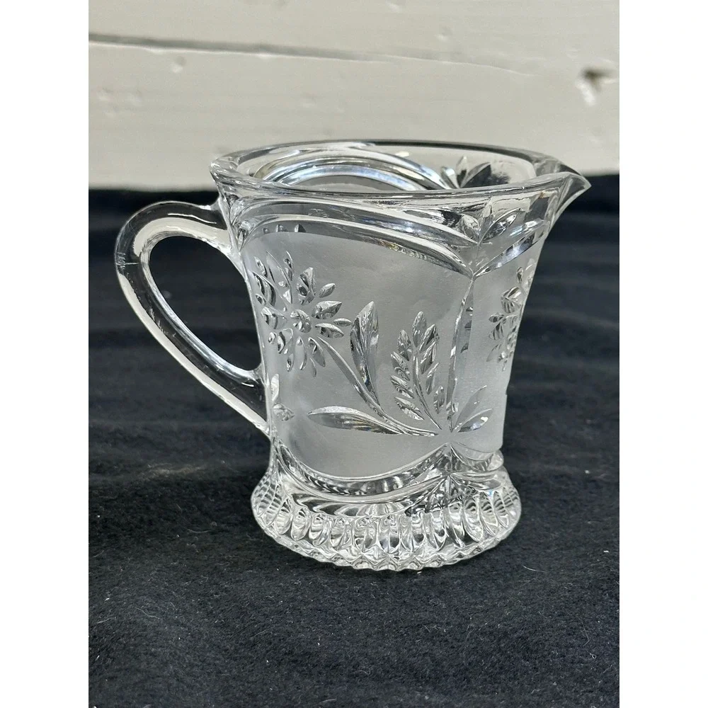Vintage Frosted Floral Glass Creamer Pitcher Daisy Wheat Cut Design Starburst
